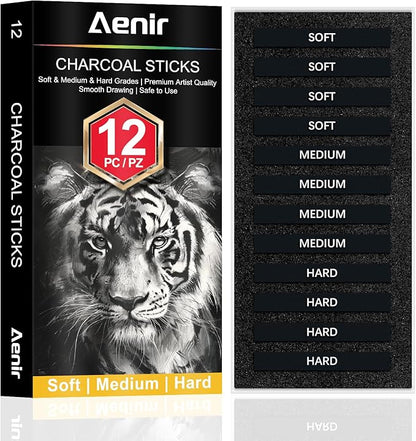 Aenir Compressed Charcoal Sticks Set of 12 – Soft, Medium, Hard Charcoal for Drawing, Sketching & Shading – Art Supplies for Artists, Beginners & Adults
