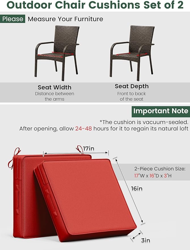 Outdoor Chair Cushion 17 x 16 x 3 Inches Patio Furniture Outdoor Waterproof Seat Cushion, Patio Chair Cushion with Handles and Ties, Square Dining Chair Cushion Set of 2, Red