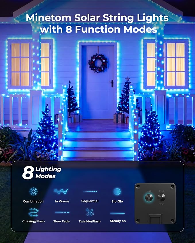 Solar String Lights for Outside, 33Ft 100 LED Fairy Lights Blue ＆ white | IP65 Waterproof Solar Twinkle Lights Outdoor & Indoor, Patio Lights for Tree Garden Christmas Party Wedding Decoration