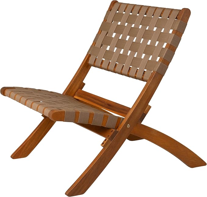 64098 Sava Indoor Outdoor Folding Chair Low Slung Portable Seating Solid Acacia Wood Woven Seat & Back Indoors Porch Lawn Garden Fishing Sporting - Brown Webbing