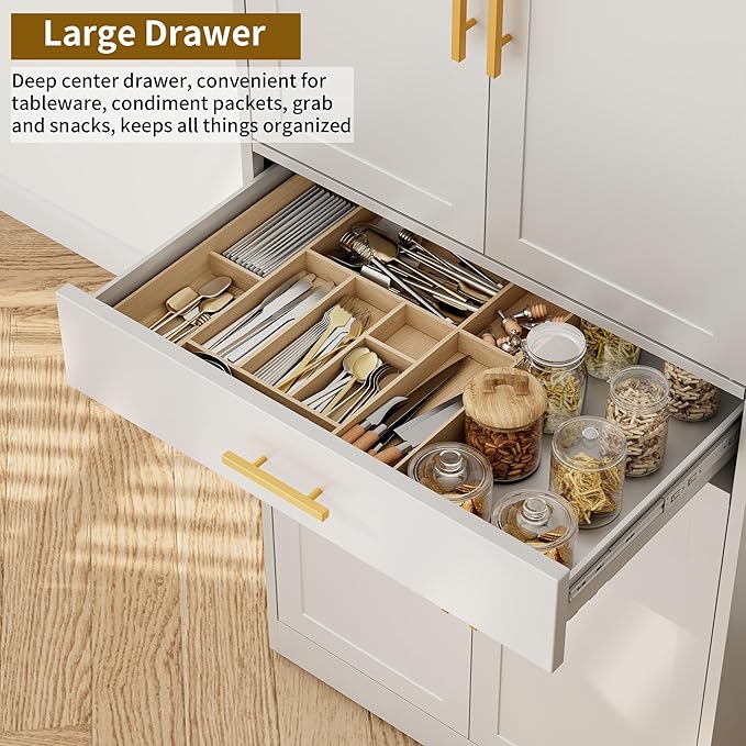 CJF 71" Metal Kitchen Pantry Cabinet with Drawer, Tall Storage Cabinet with 2 Adjustable Shelves and 4 Doors, Heavy Duty Freestanding Floor Cupboard for Home, Kitchen, Dining, Living, White