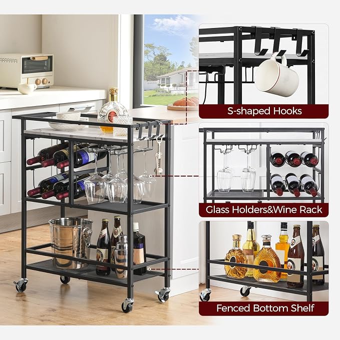 MAHANCRIS Bar Cart for Home, 3-Tier Serving Cart with Wheels and Handle, Beverage Cart with Wine Rack and Glass Holders, Rolling Wine Cart for Kitchen, Dining Room, Marble and Black RCHM6101