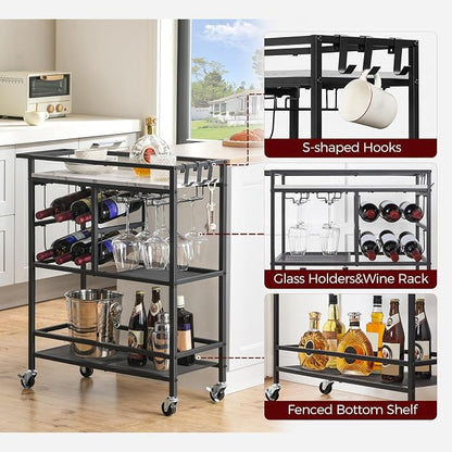 MAHANCRIS Bar Cart for Home, 3-Tier Serving Cart with Wheels and Handle, Beverage Cart with Wine Rack and Glass Holders, Rolling Wine Cart for Kitchen, Dining Room, Marble and Black RCHM6101