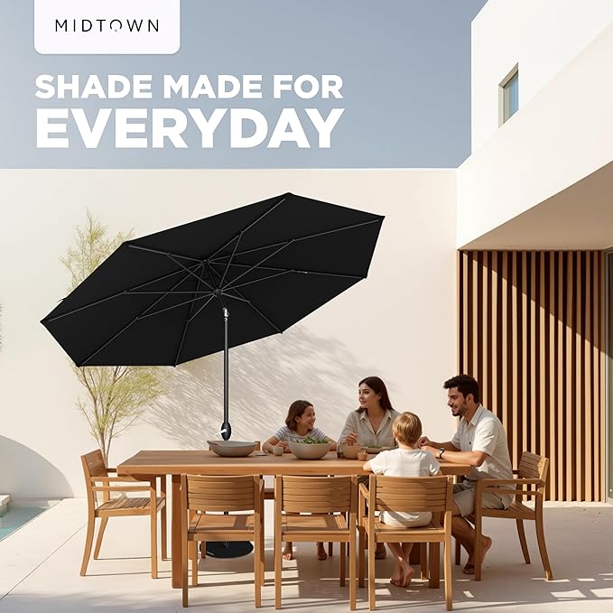 Midtown Umbrellas - 10-Year-No-Fade 6 Ft Patio Umbrella with Terylast Fabric, Auto-Tilt Aluminum Frame and 8 Reinforced Ribs for Deck, Pool, Garden & Beach - Ebony Black Canopy, Black Pole