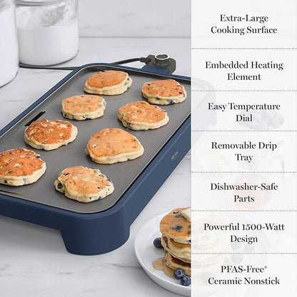 Martha Stewart 12” x 22” Electric Griddle, XL Ceramic Nonstick Flat Top Cooking Surface, Adjustable Temperature Dial, Drip Tray, Dishwasher Safe, 1500W Fast Even Heating, Pancakes & Eggs, Indigo Blue