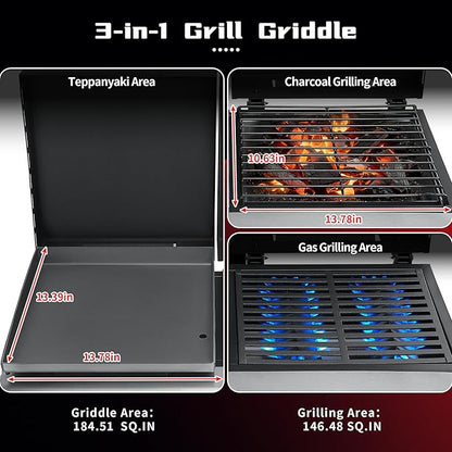 SKOK 4 Burner 3-in-1 Charcoal/Gas/Griddle Combo Outdoor Grill – 331 Sq. In. Cast Iron Grate & Griddle Pan, Propane Griddle Grill Combo for Outdoor Cooking, Backyard, Patio, Camping