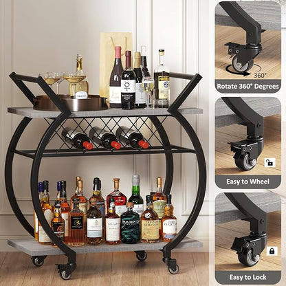 LVB Bar Carts for the Home, Industrial Wine Cart with Storage, Grey Oak | Modern Bar Cart with Wine Rack, Beverage Rolling Kitchen Serving Cart, Wooden Microwave Drink Liquor Cart for Dining Room