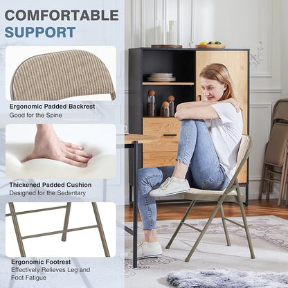 DUMOS 6 Pack Folding Chairs with Padded Cushion and Back - Fabric Stackable Portable Dining Chairs Set, for Home and Office, Conference, Wedding, Party, Patio, Garden, for Indoor Outdoor, Khaki