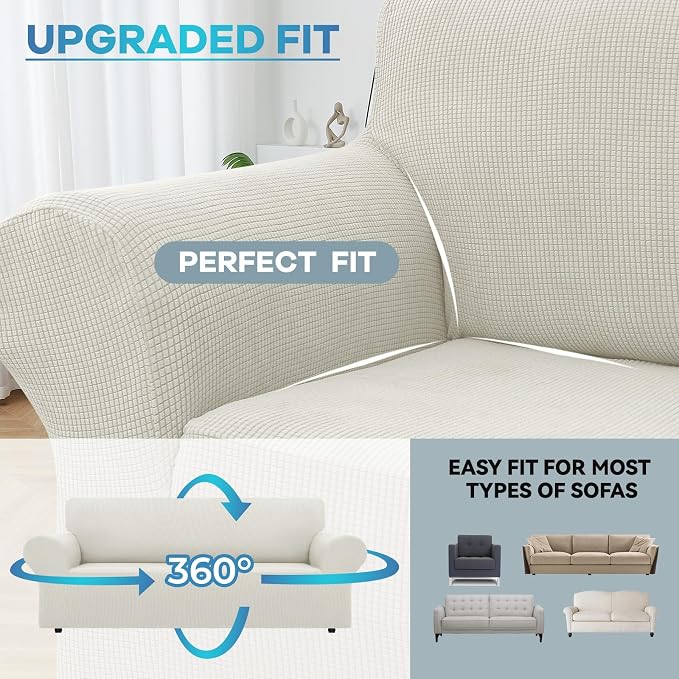 LURKA Stretch Couch Cover for Sofa, 1 Piece 3 Cushion Slipcover, Ivory | Soft Stretch Jacquard, Fits 78"-94" Sofas, Elastic Bottom for Secure Fit, Machine Washable, Pet & Kid Friendly