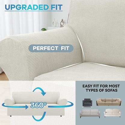 LURKA Stretch Couch Cover for Sofa, 1 Piece 3 Cushion Slipcover, Ivory | Soft Stretch Jacquard, Fits 78"-94" Sofas, Elastic Bottom for Secure Fit, Machine Washable, Pet & Kid Friendly