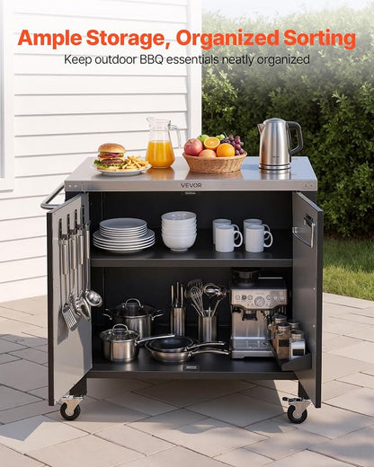 VEVOR Outdoor Grill Cart with Storage Cabinet, 40 Inch Grill Table, Waterproof Kitchen Island with Stainless Steel Top, Spice Rack, and Wheels, Movable Food Prep Station for Patio Bar Backyard BBQ