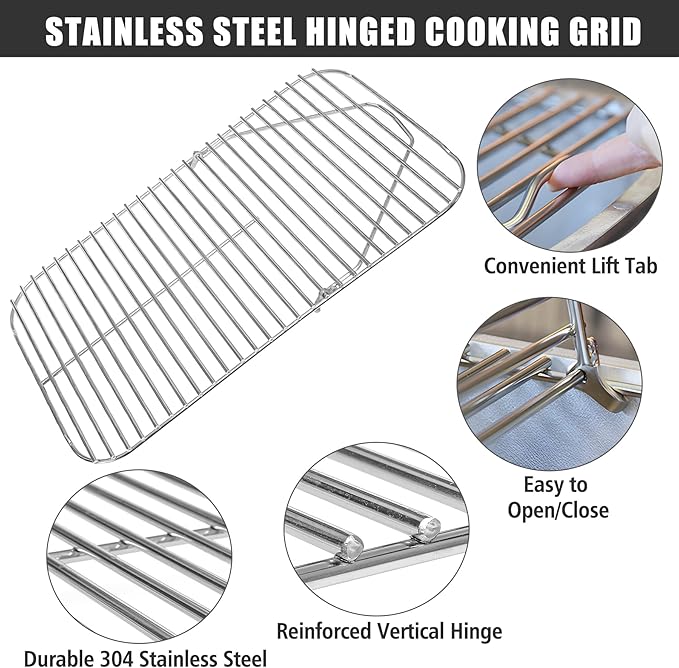 SafBbcue Stainless Steel Hinged Cooking Grid for PK Grill Smoker 300 Series Cooking Grate for PK Grills (1997-2020) BBQ Griddle with Lift Tab 304 Stainless Steel, Compatible with PK99011
