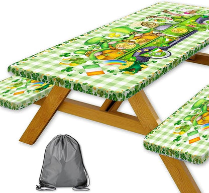 St. Patrick's Day Picnic Table Cover with Bench Covers, Camping Essentials, Plaid Truck Gnomes Clover Outdoor Table Covers, Waterproof, Fitted Tablecloth Cover with Elastic Edge, 3 PCS, 30x60 Inch