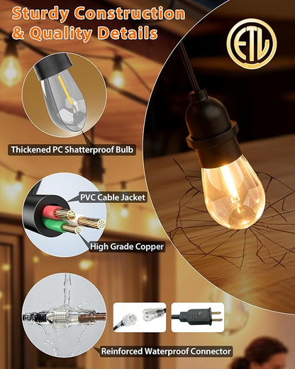 Outdoor String Lights With Lighted Tubing 24 ft, Commercial Grade String Lights with 13 (12+1spare) S14 Edison Bulbs & 72-LED Lighted Tubing, IP65 Waterproof Bistro Light for Patio, 2700K Warm White