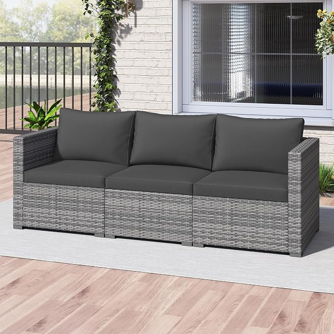 Tangkula 3 Seat Outdoor Wicker Sofa Set, Modular PE Rattan Patio Cushioned Sectional Couch Set, Outside Furniture Set for Deck, Backyard, Porch, Garden & Poolside (Black)