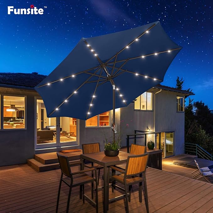 9ft Patio Umbrella with Solar Lights, Outdoor Umbrella with 24 LED Solar Umbrella Lights, Push Button Tilt & Crank Ideal for Garden, Deck, Backyard & Pool, Navy Blue