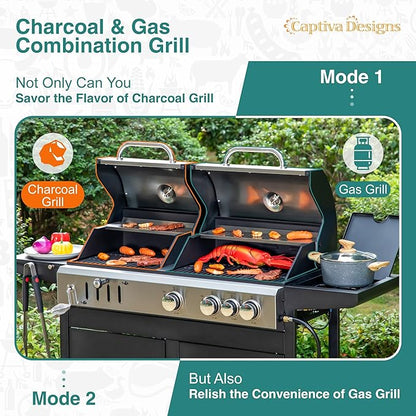 Captiva Designs Propane Gas Grill and Charcoal Grill Combo with Side Burner & Porcelain-Enameled Cast Iron Grate, Dual Fuel BBQ Grill for Outdoor Events & Backyard Barbecue, 690 SQIN Cooking Area