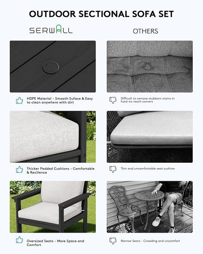 SERWALL HDPE Patio Conversation Set, 6-piece Sectional Outdoor Furniture Set, All Weather Outdoor Couch Set Patio Furniture Set for Deck, Lawn, Black Frame with Khaki Cushion