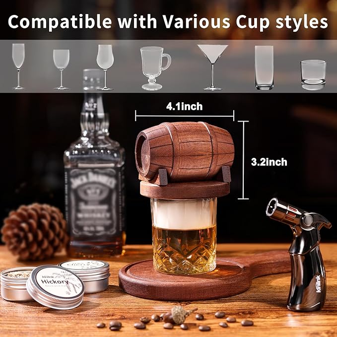 Whiskey Smoker Kit with Torch - No Butane, 6 Flavors Wood Chips, 2 Whiskey Glasses, 2 Round Ice Cube Mold, Old Fashioned Smoker Kit Cocktail Smoker Drink Smoke, Anniversary Birthday Gifts for Men Dad