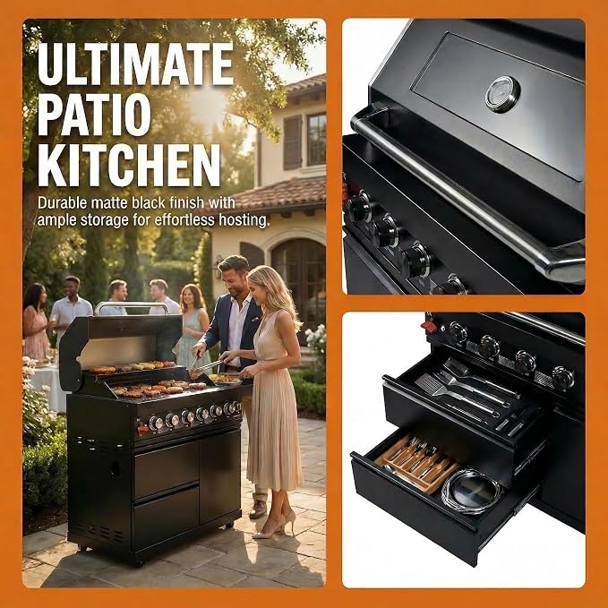 43 Inch Outdoor Kitchen Island, 6-Burner Propane Stainless Steel BBQ with Rear Burners, For Backyard BBQ, Black