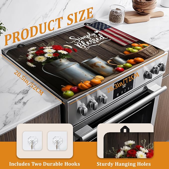 Electric Stove Top Cover,Farmhouse Flowers Stove Cover for Glass Top Electric Stove,American Flag Heat Resistant Flat Top Stove Mat Countertop Protector, 28 x 20 Inch