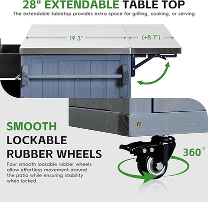 Outdoor Kitchen Island with Stainless Steel Top, Extendable Solid Wood Grill Cart on Wheels, Mobile BBQ Prep Table with Storage Cabinet and Spice Rack for Patio Backyard,