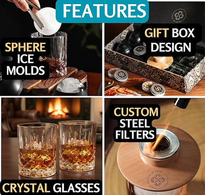 Whiskey Smoker Kit - Cocktail Smoker Kit with Torch, 2 Whiskey Glasses, 2 Ice Ball Makers, 6 Flavors Wood Chips - Old Fashioned Smokers - Bourbon Drink Smoking Set - Whiskey Accessories Gifts for Men