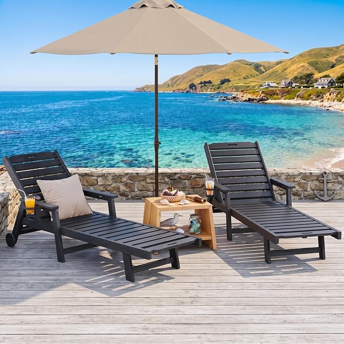 Garvee Lounge Chair Outdoor Set of 2 with Wheels & 5-Position Adjustable Backrest, Oversized Chaise Lounge with 2 Move Handle, HDPE Lounge Chair w/Detachable Cup Holder, for Patio, Pool,Dark Gray