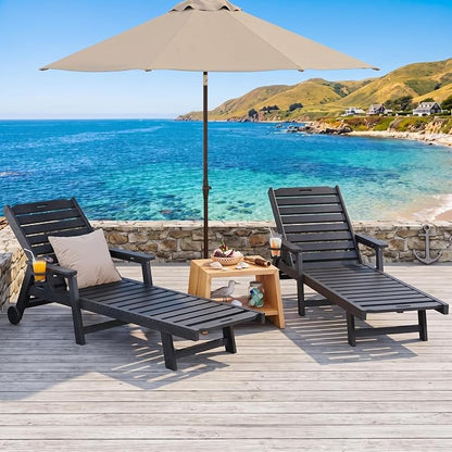 Garvee Lounge Chair Outdoor Set of 2 with Wheels & 5-Position Adjustable Backrest, Oversized Chaise Lounge with 2 Move Handle, HDPE Lounge Chair w/Detachable Cup Holder, for Patio, Pool,Dark Gray