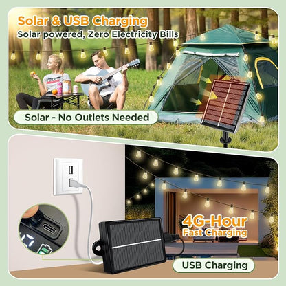200FT Solar String Lights Outdoor Waterproof with Remote & Timer, LED Shatterproof ST38 Bulbs, USB & Solar Powered Patio Lights for Backyard, Porch, Garden, Wedding, Christmas Decor