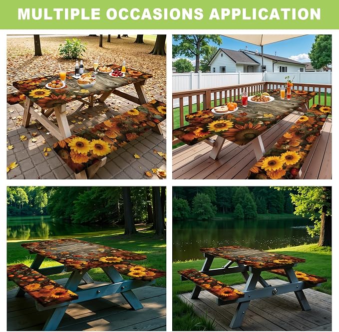 ANNA QUEEN Autumn Harvest Picnic Table Cover Set, 6FT Rustic Fall 3PCS 72"x30" Waterproof Tablecloth with Bench Covers for Camping Thanksgiving & Outdoor Events