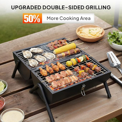 VINGLI Portable Double Sides Charcoal Grill, Wooden Handle,Storage Bag, Multi-functional Metal Compact Tabletop BBQ Outdoor Charcoal Grill for Camping Travel Picnic Patio