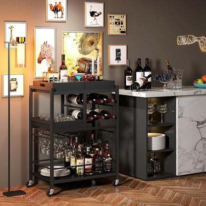 TUTOTAK Bar Cart with Wheels, Drink Cart with Wine Rack and Glass Holder | 3-Tier 24.8 Inch Wide Home Bar Serving Carts, Small Mobile Kitchen Shelf with 6 Hooks, Black BC01BK037