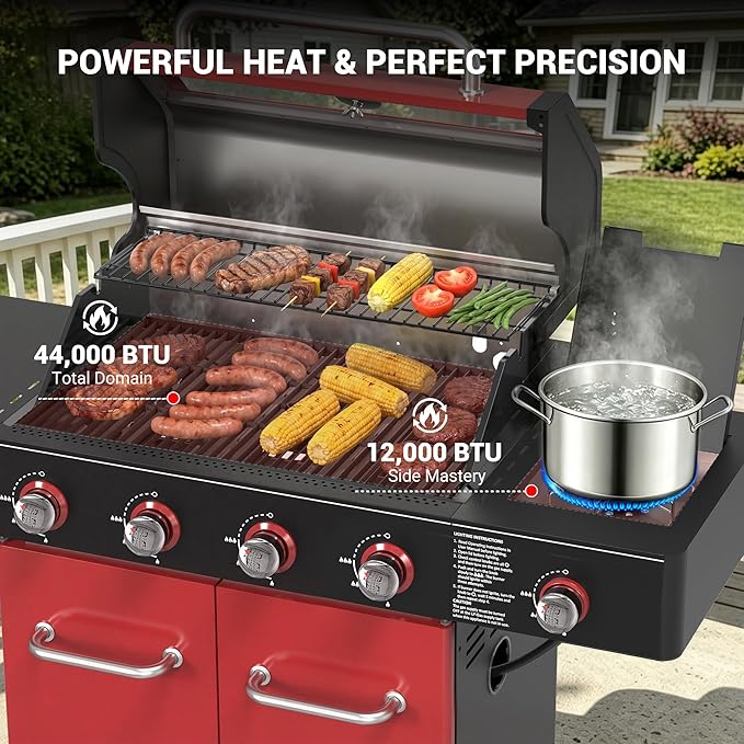 HUGROVE 4-Burner Liquid Propane Gas Grill with Clear-View Window, 56,000 BTU Outdoor BBQ Grilling Station with Side Burner, 677 sq.in Grill with Cast Iron Grates for Backyard Party (Black Red)