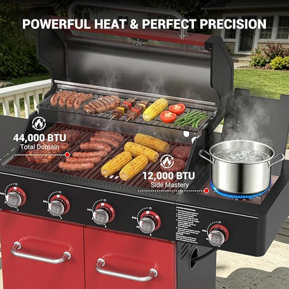 HUGROVE 4-Burner Liquid Propane Gas Grill with Clear-View Window, 56,000 BTU Outdoor BBQ Grilling Station with Side Burner, 677 sq.in Grill with Cast Iron Grates for Backyard Party (Black Red)