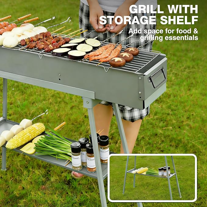 Portable Charcoal Grill with 12PCS Skewers with Metal Storage Tube, Heavy Duty BBQ Grill with Folding Legs and 31.6x7.1" Cooking Area, Kebab Grill for Outdoor Backyard Picnic Camping Party