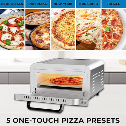 Kenmore Indoor Electric 12 inch Pizza Oven - 750°F High Heat for Wood Fired Style, 5 Presets, Pizza Stone & Peel, Stainless Steel Horno Electrico