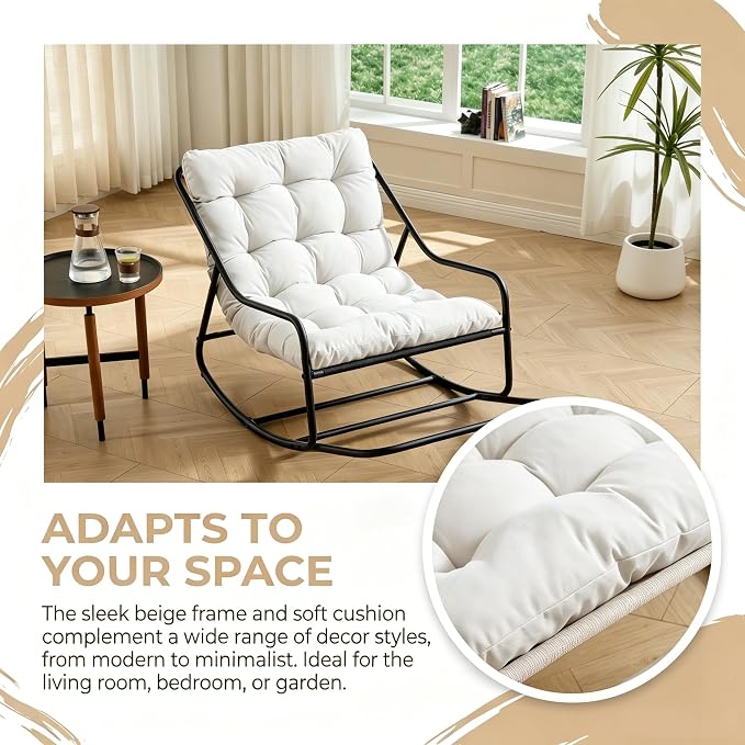 Outdoor Rocking Chairs, Metal Frame Outdoor Rocker with Footrest, Comfy Oversized Patio Chair with Thick Cushion, Reading Glider Lounge Chair for Living Room, Bedroom, Garden, Relax, White