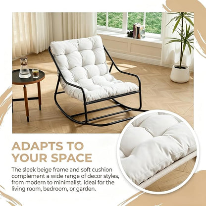 Outdoor Rocking Chairs, Metal Frame Outdoor Rocker with Footrest, Comfy Oversized Patio Chair with Thick Cushion, Reading Glider Lounge Chair for Living Room, Bedroom, Garden, Relax, White