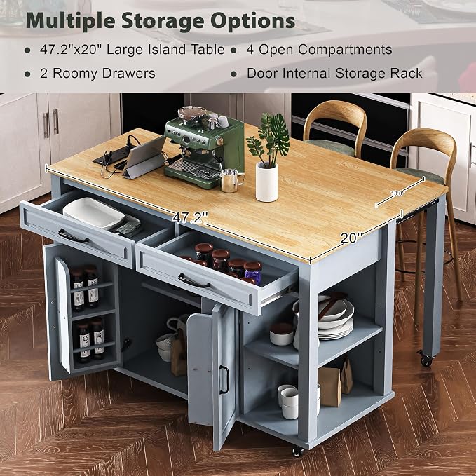 Ball & Cast Kitchen Island with Extendable Dining Table,Rubber Wood Veneer Kitchen Table W/Internal Storage Rack,Power Outlet & USB Ports,Kitchen Cart On Wheels W/2 Drawers & 2 Cabinets,Grey Blue,47"