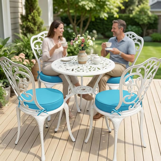 Summsun Outdoor Bistro Chair Cushions Set of 4, 15" D x 3" H Round Chair Cushions Waterproof and Fade Resistant Chair Cushion Pads with Non-Slip Ties and Removable Covers for Garden, Teal