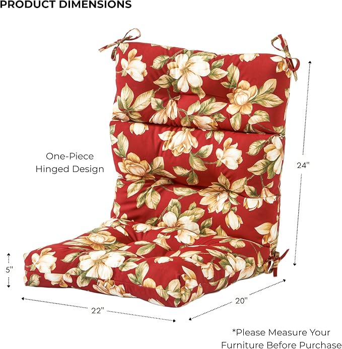 Outdoor Tufted High-Back Chair Cushions, One-Piece Hinged Seat and Back Design, Reversible with 4 Ties, Durable Polyester Fabric, Recycled Fiber Fill - Set of 2, Roma Floral