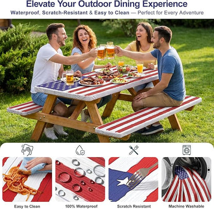 Picnic Table Cover with Bench Covers Windproof Waterproof Picnic Table Covers Camping Tablecloth with Self-Storage Bag, 72in, Bright White Wood