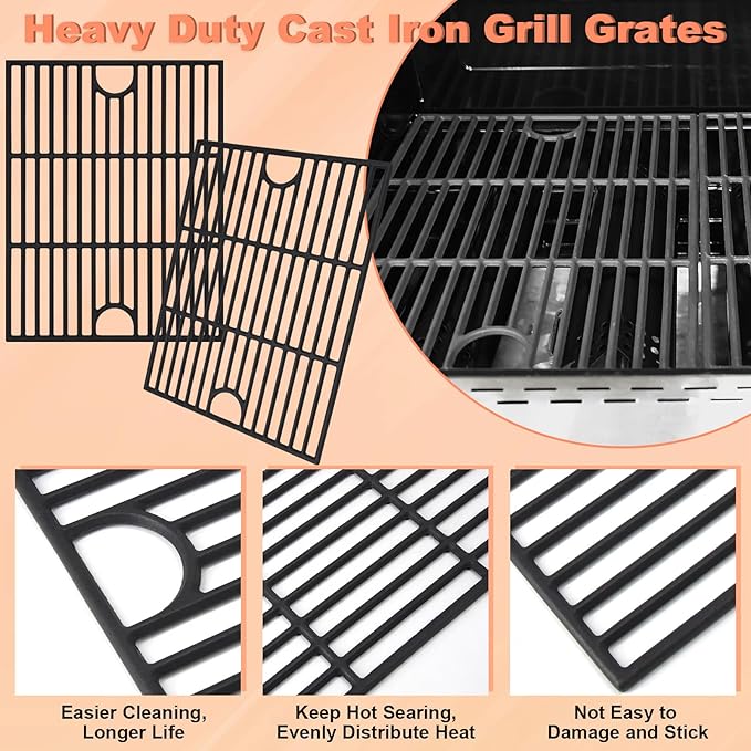 Grill Parts for Nexgrill 720-0830H 720-0830 720-0830D 720-0830T 730-0830MB 730-0830H Cast Iron 17" Cooking Grates, Porcelain Steel Heat Plates, Burner Replacement Kit for Home Depot Nexgrill 4 Burner