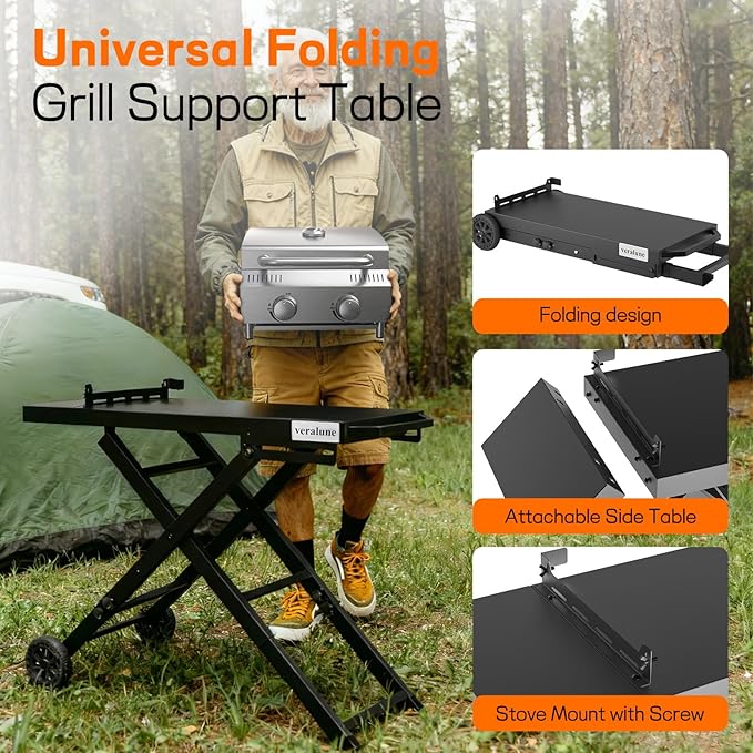 veralune Foldable BBQ Grill Cart with Wheels, Portable and Durable Collapsible Outdoor Table for Gas Grills, Perfect for Camping, Tailgating, Picnics, and Outdoor Cooking