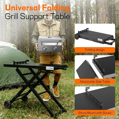 veralune Foldable BBQ Grill Cart with Wheels, Portable and Durable Collapsible Outdoor Table for Gas Grills, Perfect for Camping, Tailgating, Picnics, and Outdoor Cooking