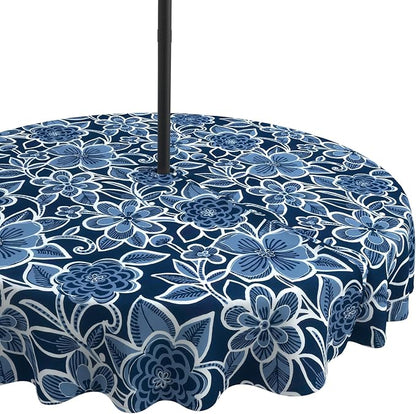 LVTXIII Round Outdoor Tablecloth with Umbrella Hole and Zipper, Water-Repellent 60 Inch Patio Table Cover for Bistro, Garden, Patio & Picnic, Flower Navy