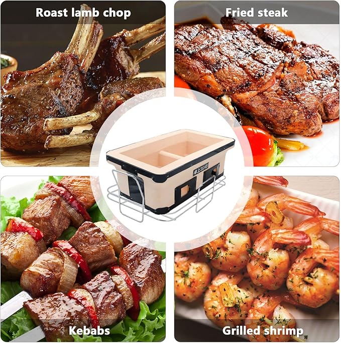 BBQ Charcoal Grill, Japanese Ceramic Clay BBQ Hibachi Grill Portable Yakitori Stove with Food Tongs for Camping, Outdoor, Indoor, Beige
