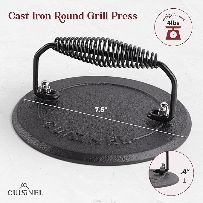 Cuisinel Grill Press - Cast Iron Burger Press for Bacon, Steak and Smashed Hamburgers - 7.5" Round Pre-Seasoned 4-lb. Weight Sandwich/Panini Maker - Griddle, BBQ, Grill Accessory