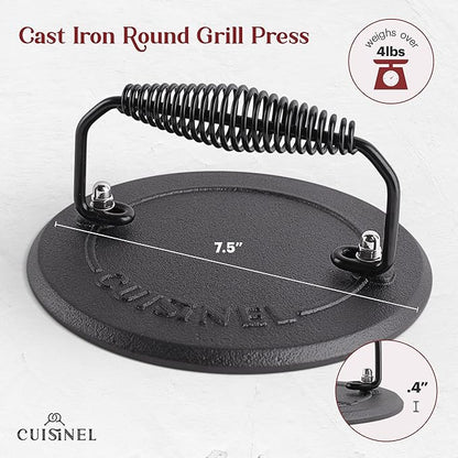Cuisinel Grill Press - Cast Iron Burger Press for Bacon, Steak and Smashed Hamburgers - 7.5" Round Pre-Seasoned 4-lb. Weight Sandwich/Panini Maker - Griddle, BBQ, Grill Accessory
